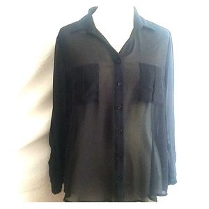 Black Semi Sheer Button Down Blouse